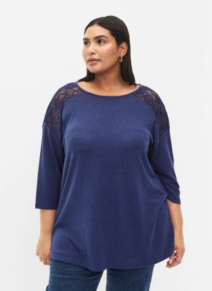 Blau Damen Bluse Mit 3/4-Ärmeln Und Spitzendetail Produktqualitätskontrolle T-Shirts & Tops Zizzi – 1