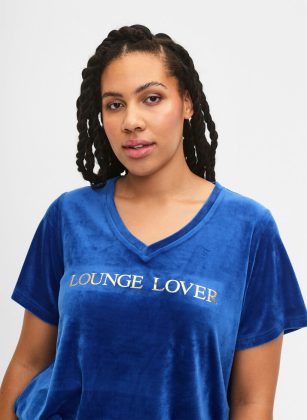 Blau Damen T-Shirts & Tops Zizzi T-Shirt Aus Velours Mit V-Ausschnitt Online-Shop – 1