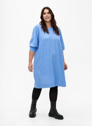 Blau Strickkleid Mit Puffärmeln In 3/4-Länge Zizzi Damen Flexibilität Kleider – 1