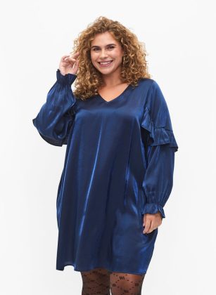 Damen Preisvorteil Blau Viskosekleid Mit V-Ausschnitt Und Rüschen Kleider Zizzi – 1