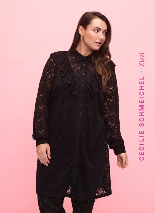 Damen Zizzi Rabatt Kleider Hemdblusenkleid Aus Spitze Mit Rüschen Schwarz – 1