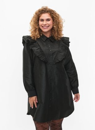 Schwarz Damen Innovativ Kleider Einfarbiges Hemd Mit Rüschendetail Zizzi – 1